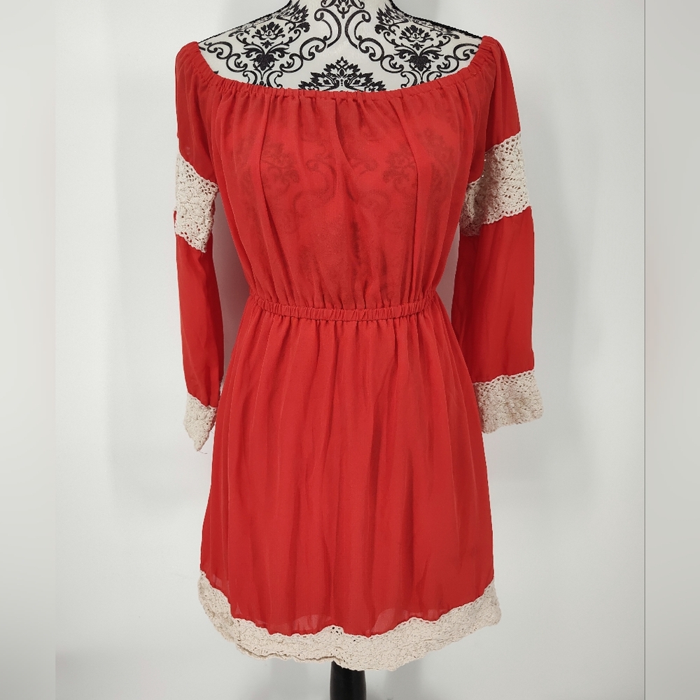 Entro Orange Long Sleeve Boho Mini Dress with Cream Lace Size Women's Medium